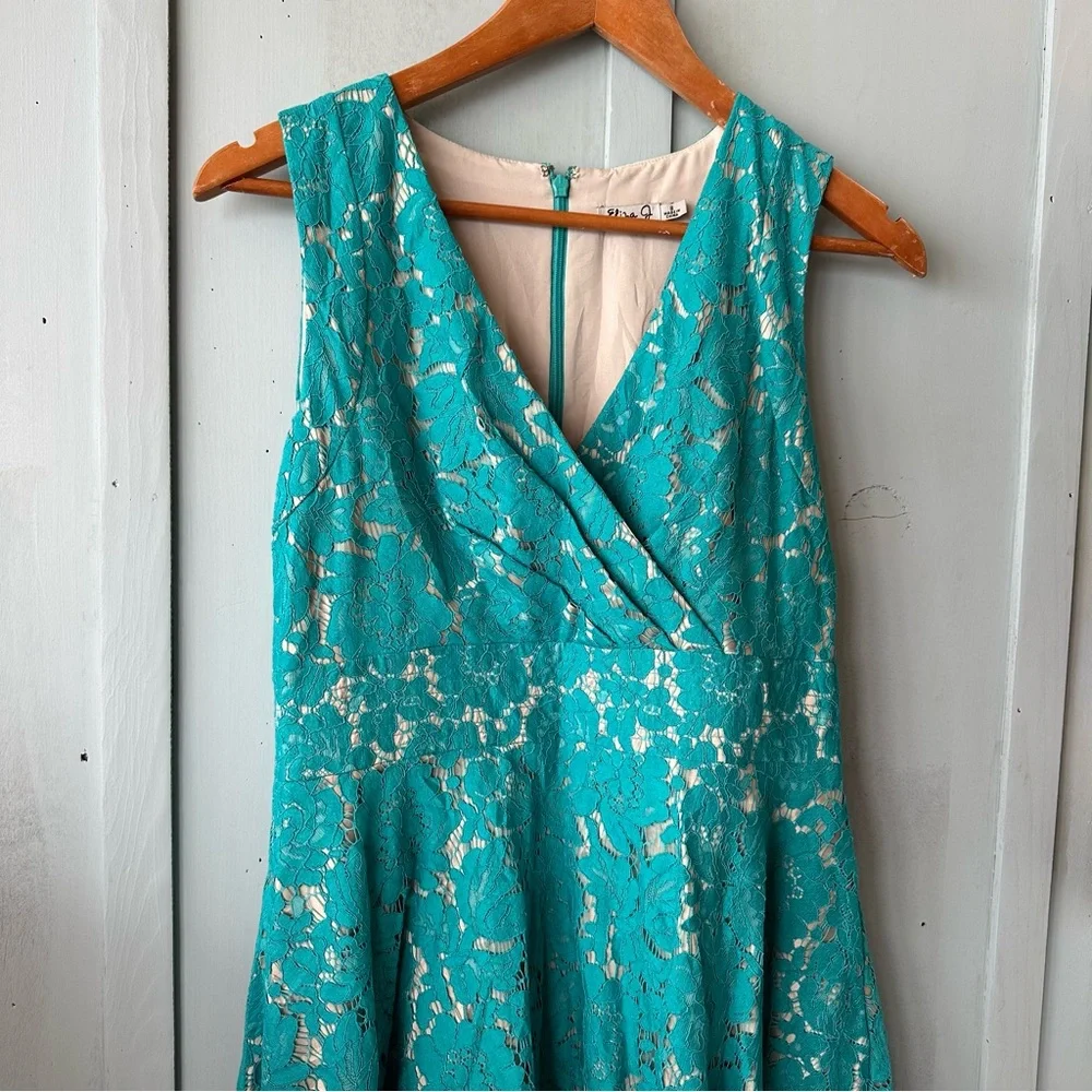 NWT Eliza J Missy Teal Turquoise Lace Flare Midi Dress Size 8 - Picture 3 of 6